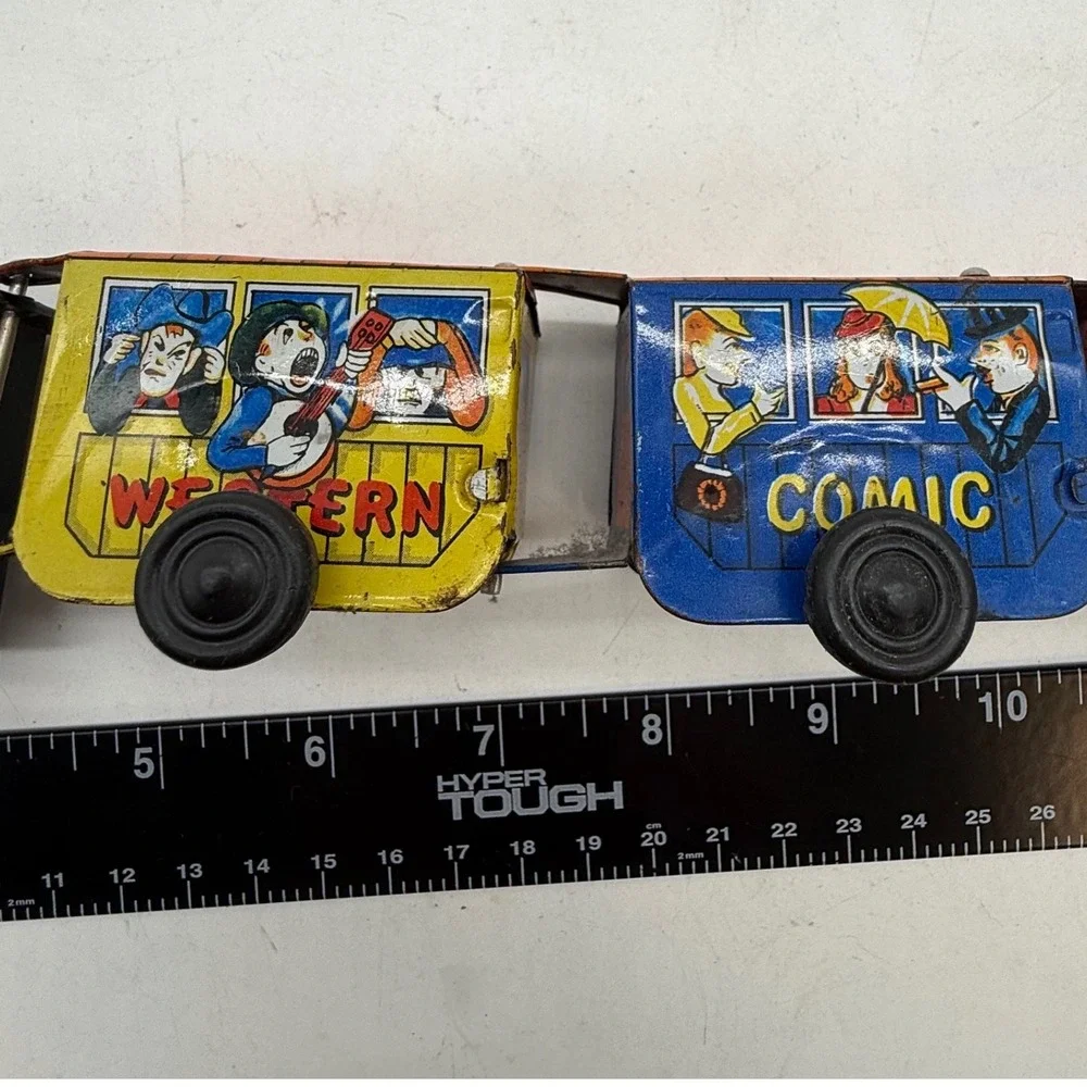 Vintage Wind Up Tin‎ Litho Comic Western Zig Zag Train Toy Set Locomotive Cars